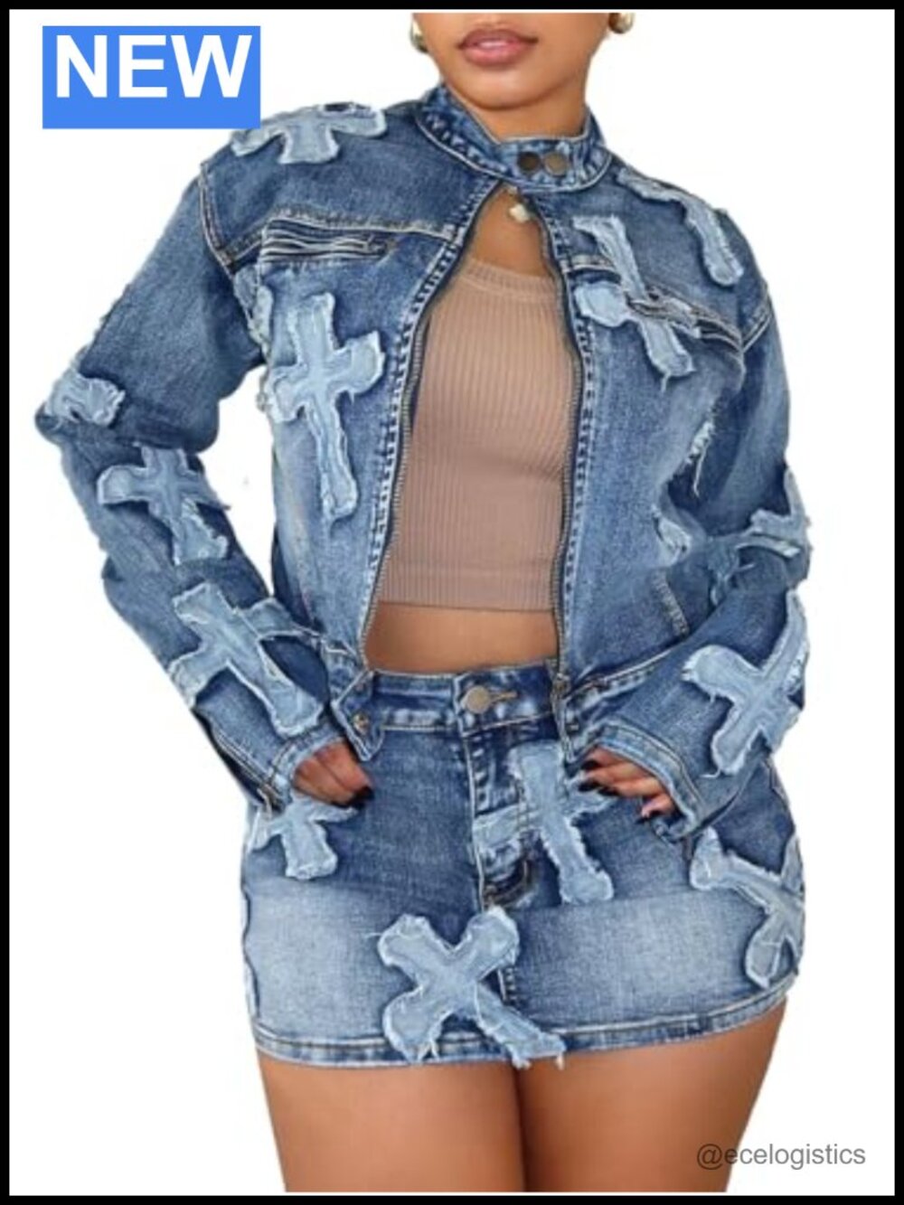 Denim 2 Piece Skirt Set Long Sleeve Crop Jacket Cotton Blend Y2K Streetwear